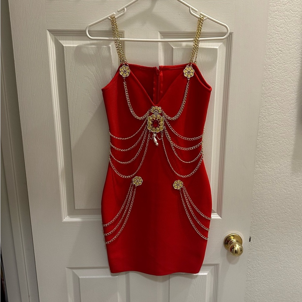 Elegant Stunning Sexy Red Carpet Dress Red Chain-Embellished Dress Small